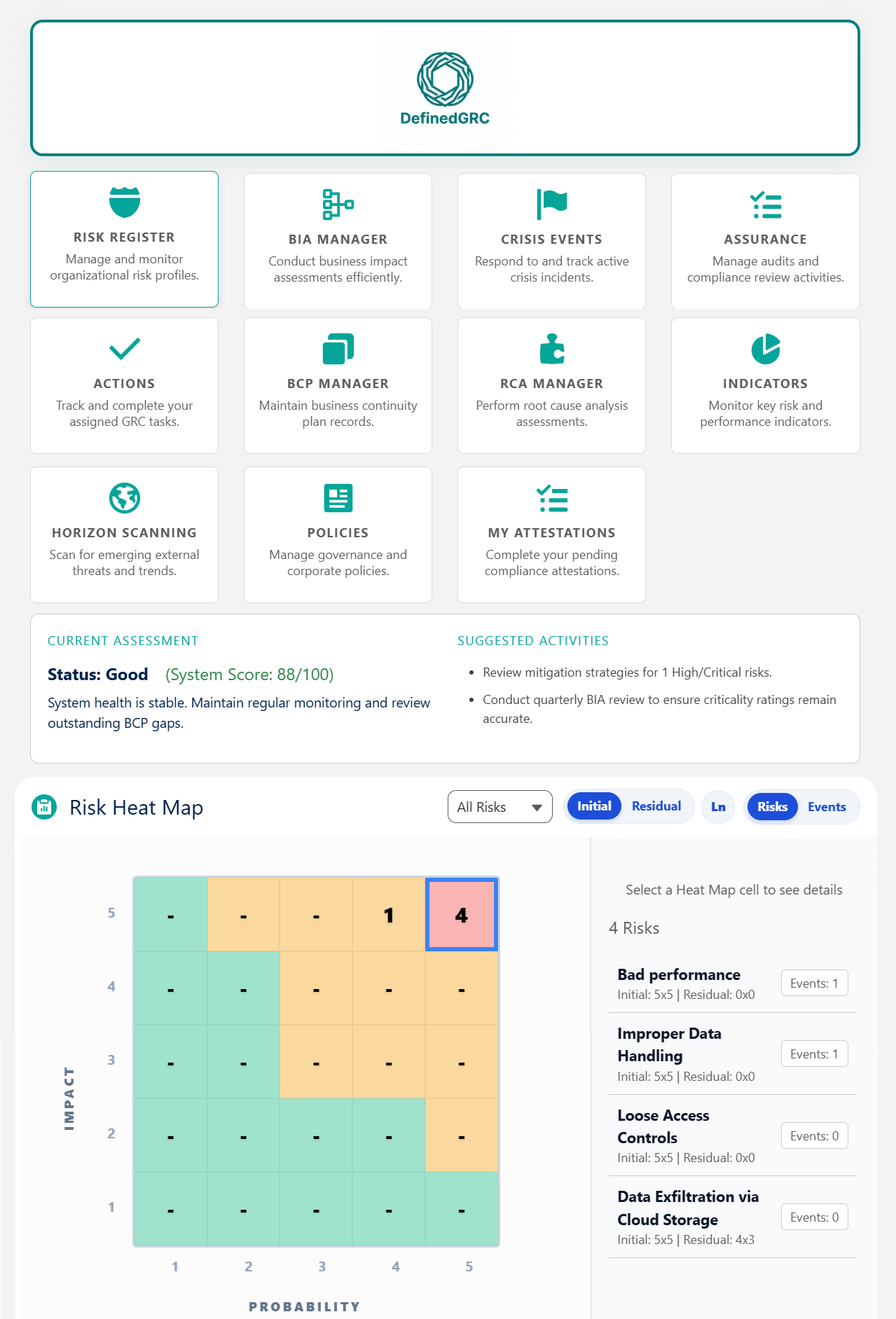 DefinedGRC Home Dashboard